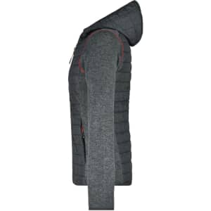 A grey knitted hybrid jacket with a hood, featuring quilted sections and a side view showcasing its design.