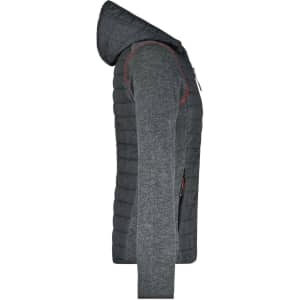 A women's hybrid jacket featuring a hood, grey knitted fabric, and a puffer-style body with an emblem.