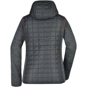 A grey Ladies Knitted Hybrid Jacket featuring a quilted design and a hood, with a logo on the back.
