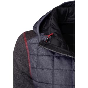 A hybrid jacket featuring a knitted exterior and padded hood in shades of grey, with a zip closure and drawstring.