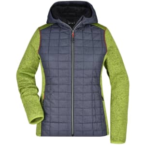 A ladies' knitted hybrid jacket featuring a grey quilted body and bright green sleeves, with a hood and a logo.