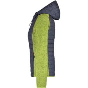 A side view of a ladies knitted hybrid jacket featuring a dark grey hood and bright green body. Includes a logo.