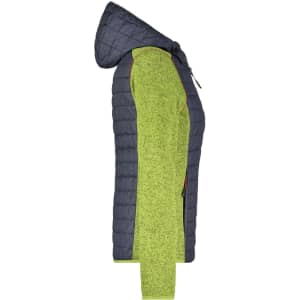 A knitted hybrid jacket featuring a grey quilted body and bright green sleeves, with a hood and side zip.