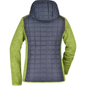 A ladies' knitted hybrid jacket featuring a green front and a grey, quilted back, with a hood and a logo.