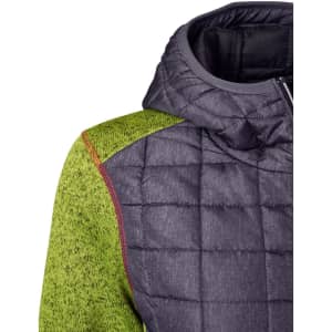 A hybrid jacket featuring grey quilted fabric and green knitted sleeves, with a hood and intricate stitching details.