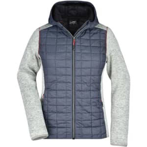 A ladies knitted hybrid jacket featuring a quilted navy body and grey sleeves, with a hood and zipper closure.