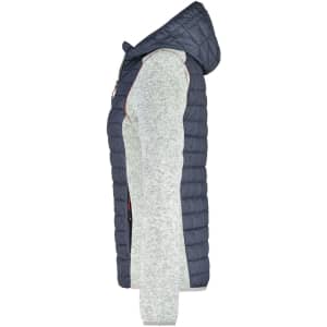 A ladies knitted hybrid jacket featuring a grey body and a navy quilted hood, with a logo present.
