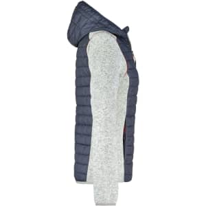 A ladies' knitted hybrid jacket featuring a navy blue puffer body and light grey sleeves, with a hood and branding.