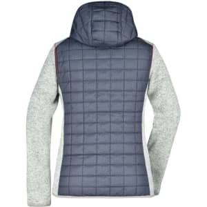 A ladies' knitted hybrid jacket featuring a grey and navy quilted design with a hood and a logo on the back.