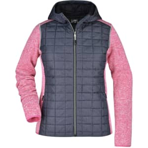 A ladies knitted hybrid jacket featuring a quilted grey front and pink sleeves, with a hood and zipper.