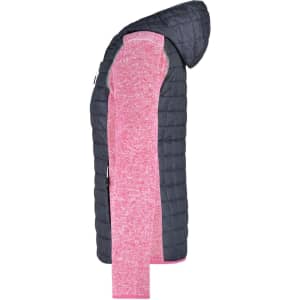 A hybrid jacket featuring a navy padded body and pink knitted sleeves, with a hood and a logo.
