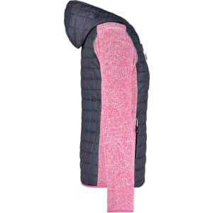 A knitted hybrid jacket featuring a navy hood and pink body, showcasing a side view with a logo.