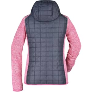 A ladies' hybrid jacket featuring a pink knitted exterior and a grey quilted back, complete with a hood.