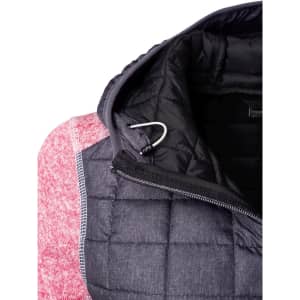 A knitted hybrid jacket featuring a black quilted hood and red body, with a zippered collar and an attached hook.