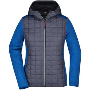 A ladies' hybrid jacket featuring a quilted grey torso and blue sleeves, with a hood and a zip front. It has a logo.