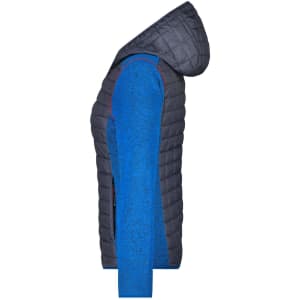 A ladies' knitted hybrid jacket in blue and grey, featuring a hood and a quilted design. The jacket has a logo.