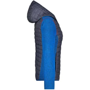 A ladies' knitted hybrid jacket featuring a blue body and dark quilted vest with a hood. It includes a logo.