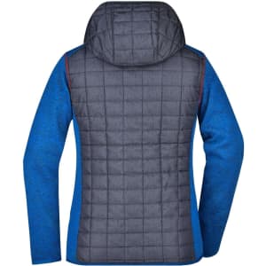 A blue and grey ladies knitted hybrid jacket features a quilted back and a hood, with a logo present.