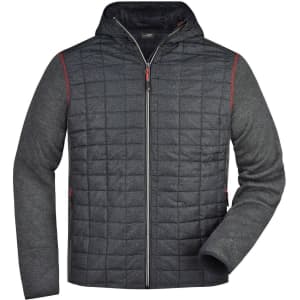 A mens knitted hybrid jacket in grey with red detailing, featuring a hood and quilted design. Includes a logo.