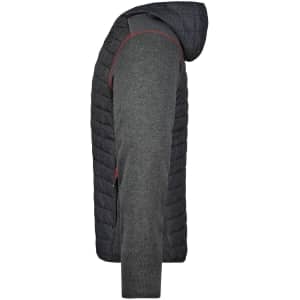 A men's hybrid jacket featuring a grey knitted front and a quilted black back, with a hood and a logo.