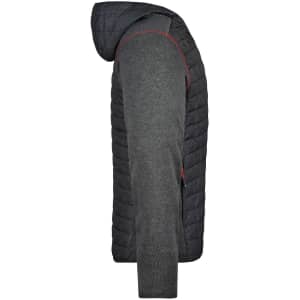 A men's knitted hybrid jacket featuring a grey knitted body with a dark quilted hood and shoulder panels.