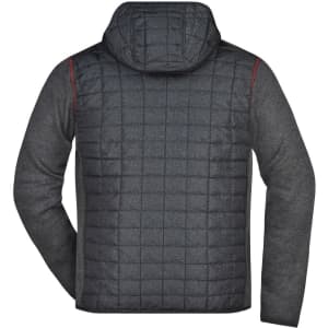 A men's knitted hybrid jacket featuring a hood and a grey quilted back with red accents. It has a logo on the side.