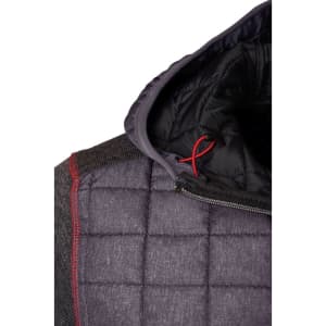 A knitted hybrid jacket in dark grey with a quilted hood and red accents, featuring a logo on the jacket.