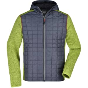 A men's knitted hybrid jacket featuring a navy blue quilted body and bright green sleeves, with a hood and zip closure.