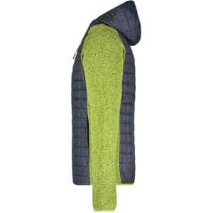 A hybrid jacket featuring a dark navy quilted body and vibrant green knitted sleeves, with a hood and a logo.