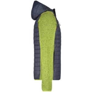 A hybrid jacket featuring a navy quilted design with a bright green knitted sleeve and hood. Includes a logo.