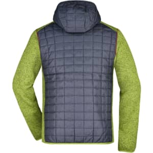 A knitted hybrid jacket featuring a grey quilted back and bright green sleeves, with a hood and logo.