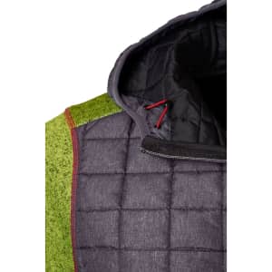 A green and grey men's knitted hybrid jacket featuring a quilted design and hood, with a drawstring detail.