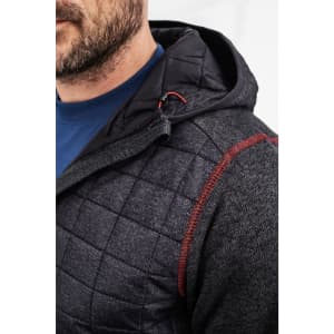 A mens knitted hybrid jacket featuring a grey quilted design with red accents and a hood. Includes a logo.