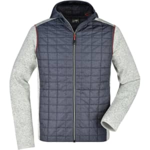 A men's knitted hybrid jacket featuring a navy quilted front and light grey sleeves, complete with a hood and zip.