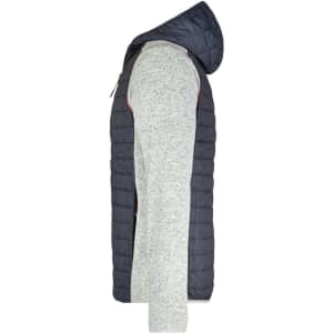 A men's knitted hybrid jacket featuring a navy quilted design with grey sleeves and a hood. It has a logo.