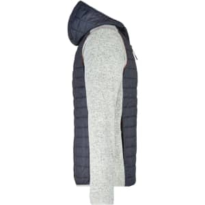 A men's knitted hybrid jacket featuring a grey body and a navy quilted hood, with a logo.