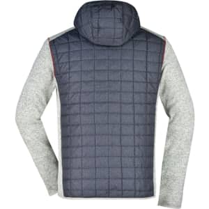 A men's knitted hybrid jacket featuring a grey long-sleeve design with a navy quilted hooded back.