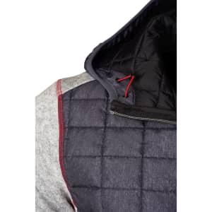A men's knitted hybrid jacket featuring a grey hood and dark quilted body. It includes a zippered pocket and logo detail.