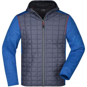 A mens knitted hybrid jacket featuring a blue and dark grey design, with a logo on the chest and a hood.