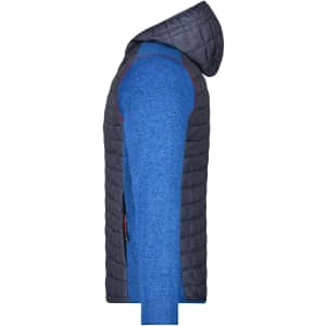A blue hybrid jacket with a quilted grey panel and a hood, featuring a logo on the side.