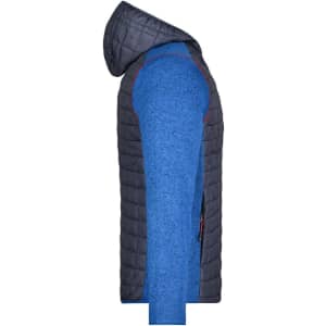 A knitted hybrid jacket featuring a blue body and dark blue quilted panels, with a hood and side view.