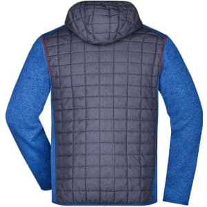 A hybrid jacket in blue with a quilted grey back and a hood. It features a logo on the sleeve.