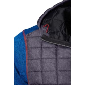 A blue and grey knitted hybrid jacket featuring a quilted interior and a hood. It has a logo on the fabric.