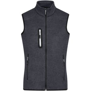 A grey knitted fleece vest with a high collar and three zippered pockets. It has a snug, sleeveless design.