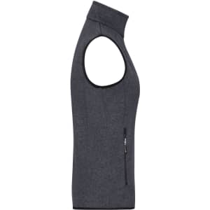 A grey ladies' knitted fleece vest with a high collar and sleeveless design, featuring a zippered pocket.