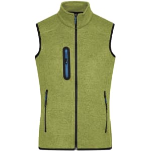 A ladies knitted fleece vest in a vibrant green shade, featuring a high collar and zippered pockets.