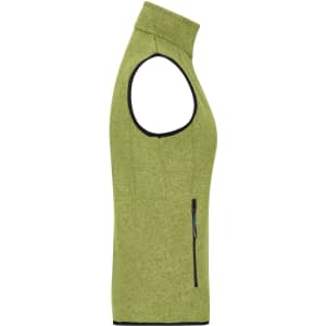 A green knitted fleece vest with a high collar and a side zip pocket, featuring a logo on the fabric.