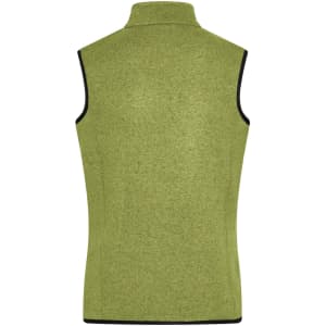 A green knitted fleece vest with a high collar, featuring a contrasting black trim and no sleeves.