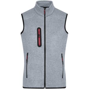 A grey knitted fleece vest with a high collar and contrasting black and red zippered pockets. Features a logo.