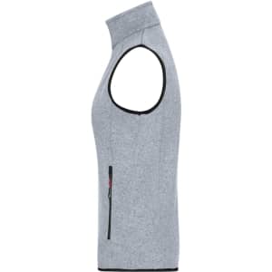 A grey knitted fleece vest with a high collar and a side zip pocket. It features an additional logo detail.